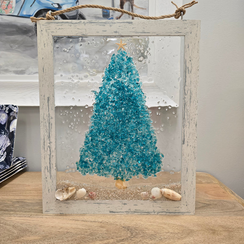 Assorted Holiday Coastal Glass Art w/ Shells, Glass, Resin, Sand- 11"x 14"