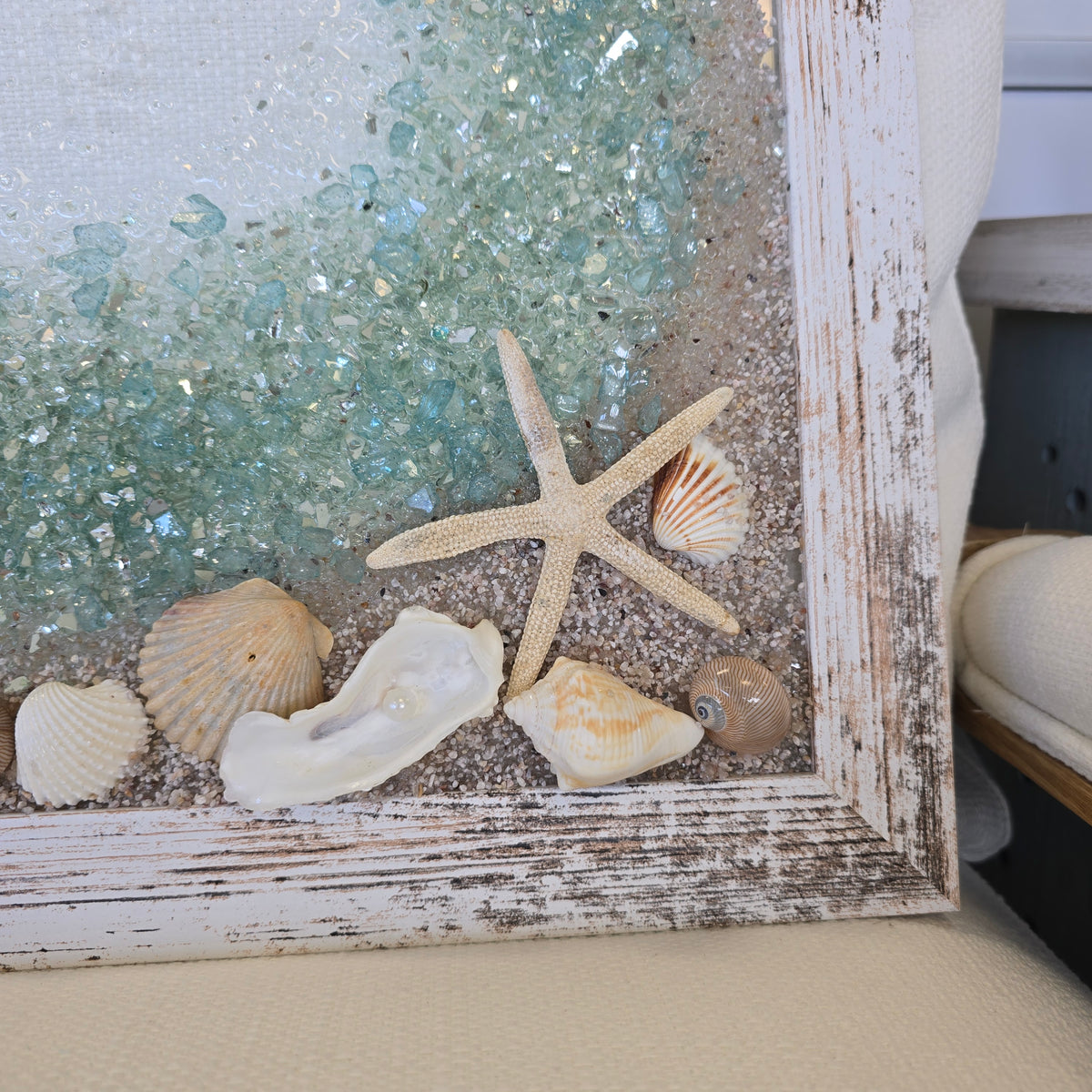 Assorted Coastal Glass Art w/ Shells, Glass, Resin, Sand-20"x 16"