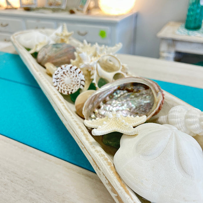 Extra Long Hand Carved Rectangular Wooden Bowl Centerpiece w/ Shells, Sea Glass, Starfish Sunshine & Sweet Peas Coastal Decor