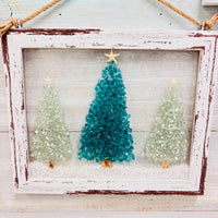 Assorted Trio of Trees Holiday Coastal Glass Art w/ Shells, Glass, Resin, Sand