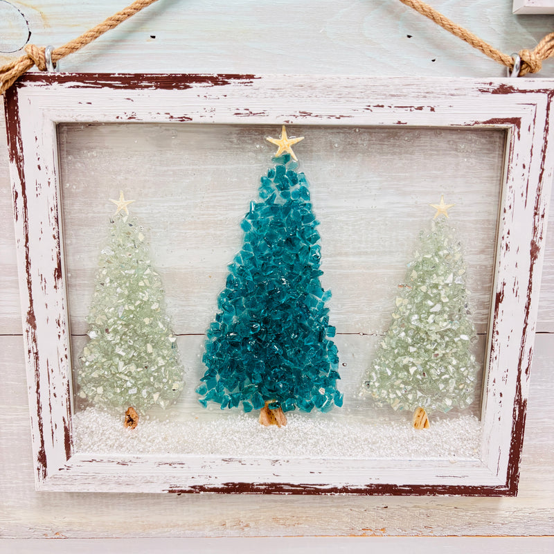 Assorted Trio of Trees Holiday Coastal Glass Art w/ Shells, Glass, Resin, Sand