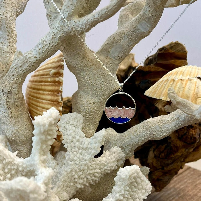 Double Wave Dune Jewelry Necklace Conch Shell & Blue Sea Glass - Sunshine & Sweet Pea's Coastal Decor