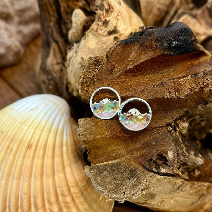 Double Wave Mixed Sea Glass & Conch Shell Dune Jewelry Stud Earrings - Sunshine & Sweet Pea's Coastal Decor