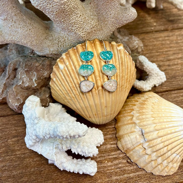 Triple Drop Turquoise & Conch Shell Dune Jewelry Earrings - Sunshine & Sweet Pea's Coastal Decor