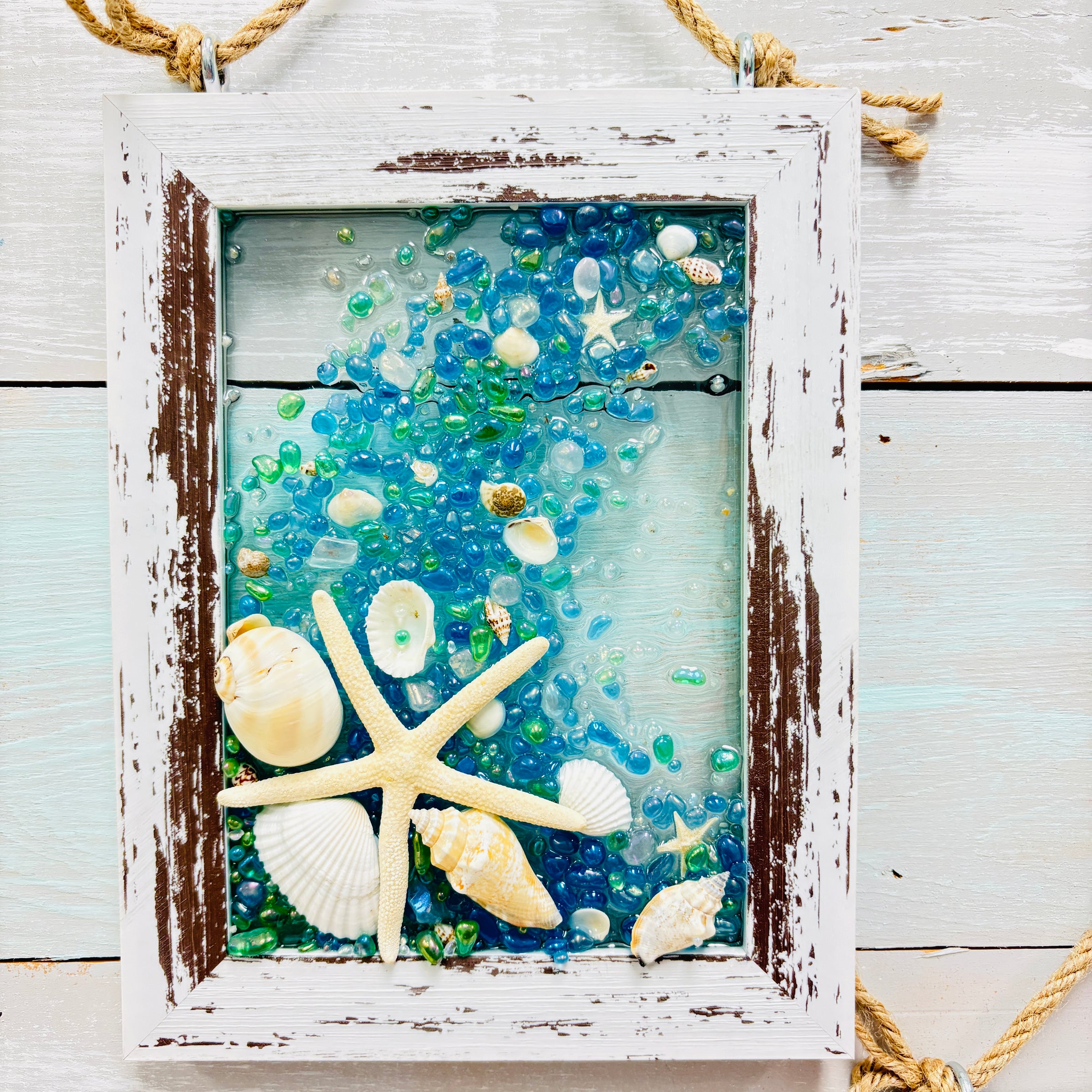 Assorted Coastal Glass Art w/ Shells, Glass, Resin, Sand- 5"x 7"