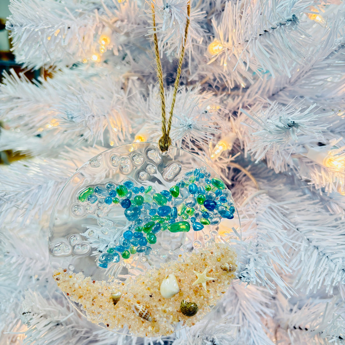 Assorted 4" Acrylic Coastal Sea Life Christmas Ornaments w/ Glass, Shells, Sand, & Resin