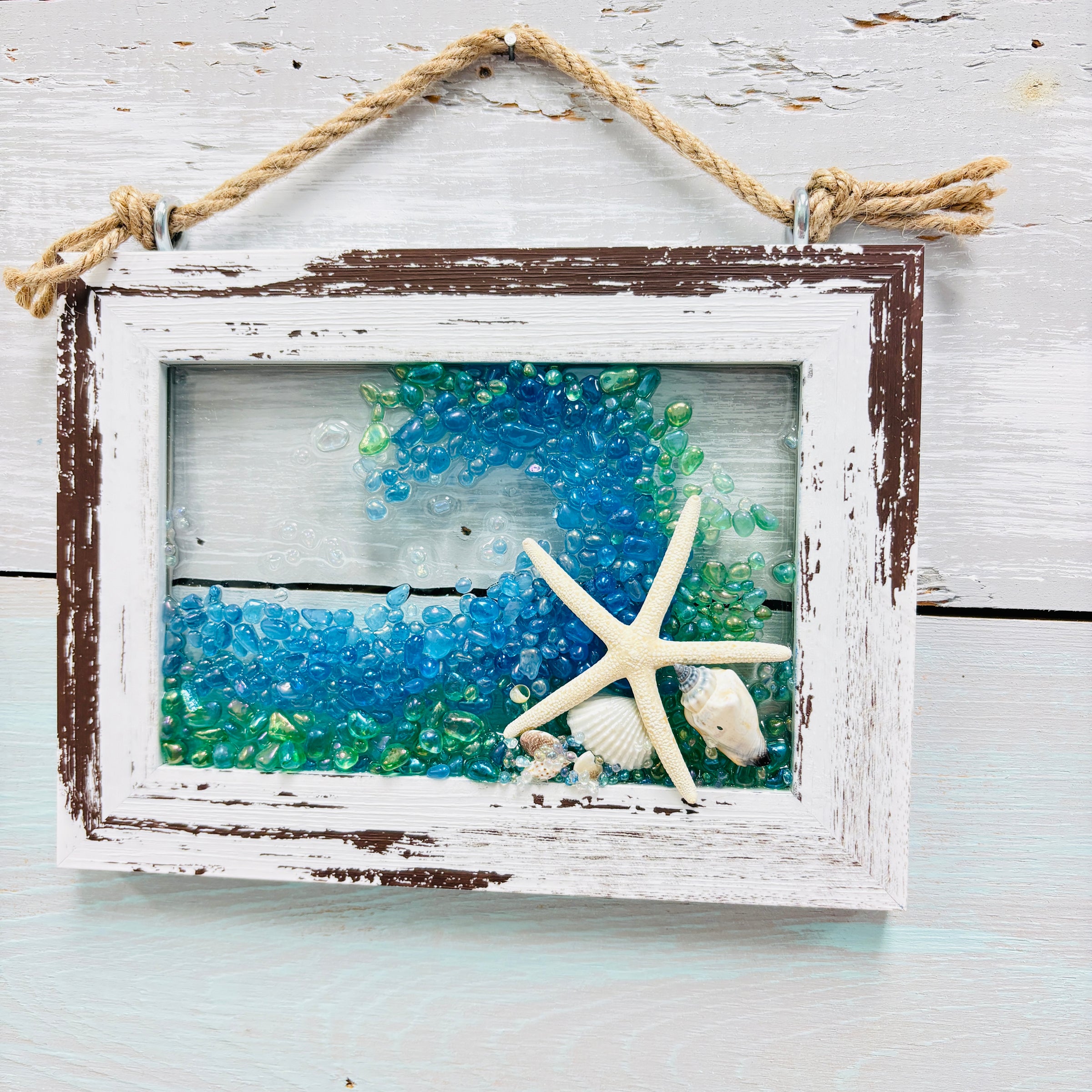 Coastal Glass Art w/ Shells, Glass, Resin, Sand- 4"x 6"