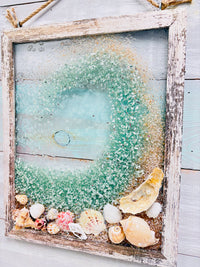 Coastal Glass Art w/ Shells, Glass, Resin, Sand- 11"x 14"