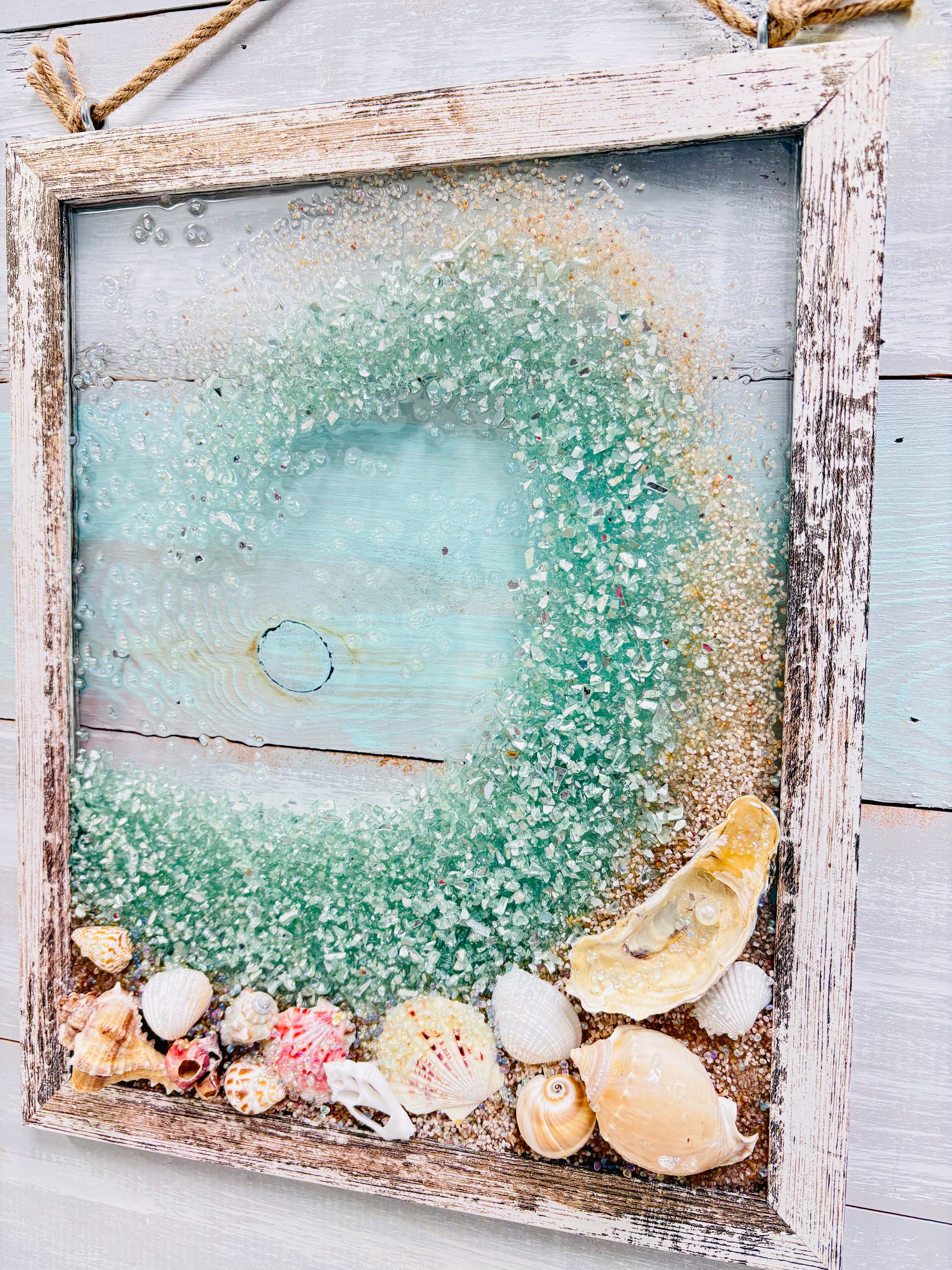Coastal Glass Art w/ Shells, Glass, Resin, Sand- 11"x 14"