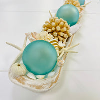 Extra Long Hand Carved Rectangular Wooden Bowl Centerpiece w/ Shells, Sea Glass, Spheres