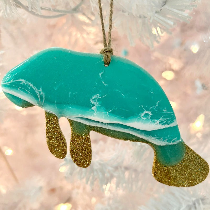 Emerald Resin & Gold Glitter Manatee Christmas Ornament - Sunshine & Sweet Pea's Coastal Decor