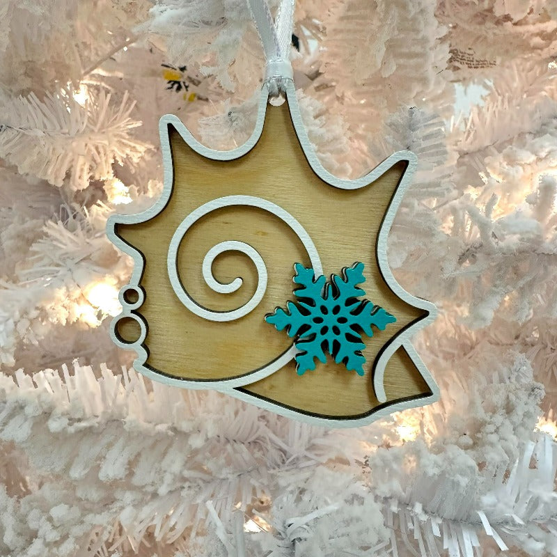 Conch Shell Wooden Sea Life Christmas Ornaments with Teal Snow Flakes - Sunshine & Sweet Pea's Coastal Decor