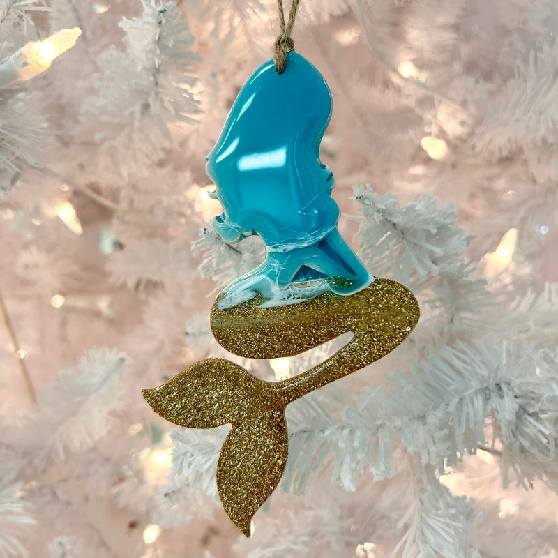 Sitting Mermaid w/Gold Glitter & Teal Resin Christmas Ornament
