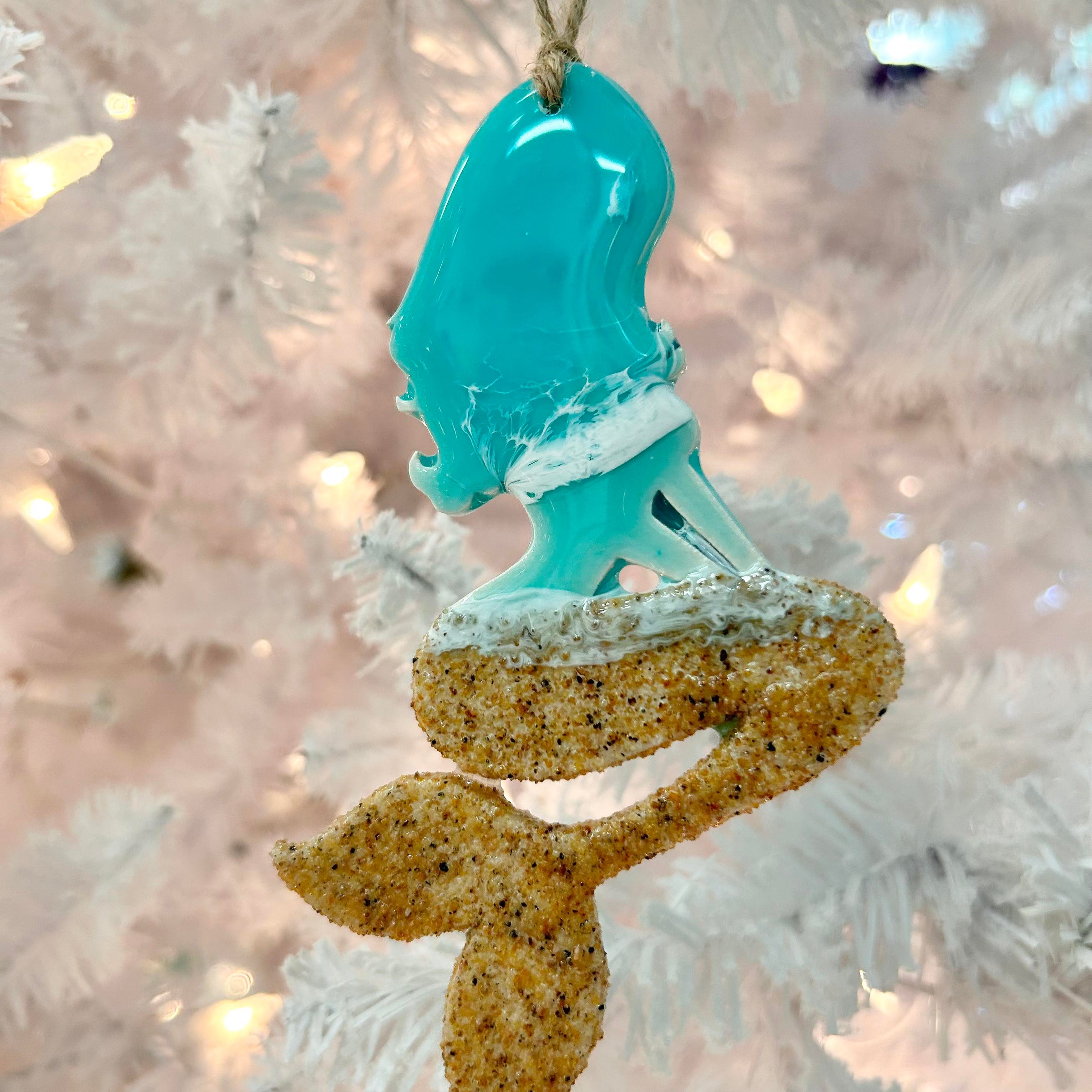 Sitting Mermaid w/Dark Sand & Emerald Resin Christmas Ornament