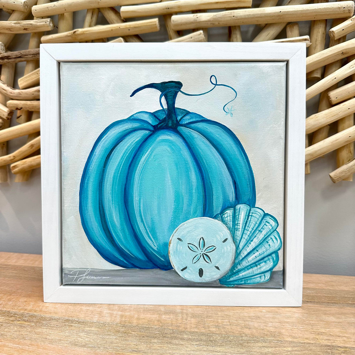 Framed Coastal Pumpkin w/Starfish & Sand Dollar Original Painting