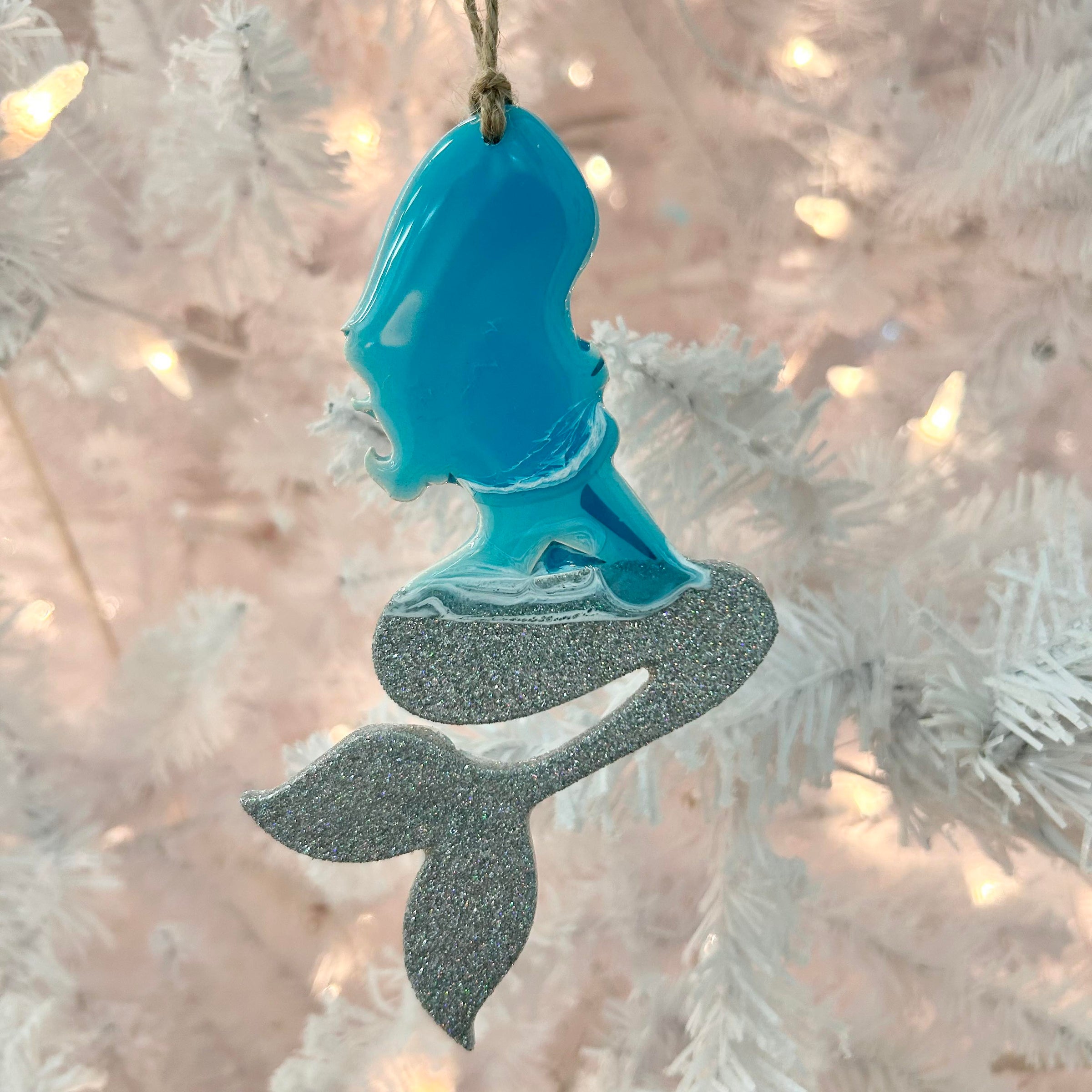 Sitting Mermaid w/Silver Glitter & Teal Resin Christmas Ornament