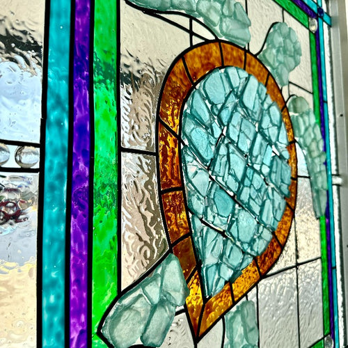 Sea Turtle Painted Window w/Sea Glass