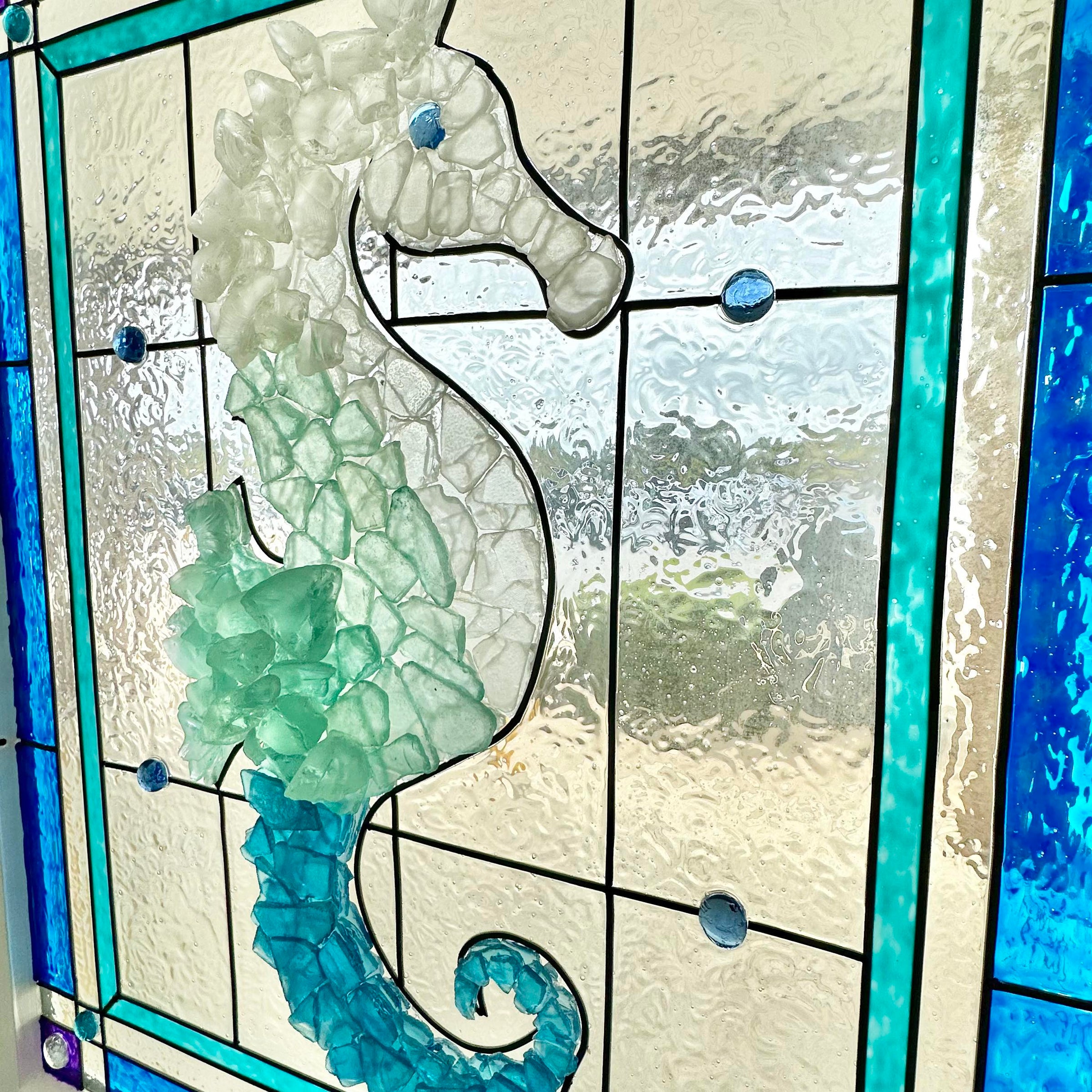Seahorse Painted Window w/Sea Glass