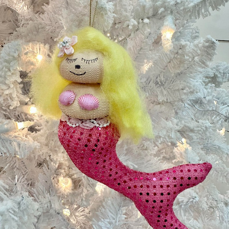 Blonde Hair & Pink Fin Sea Urchin Mermaid Christmas Ornament - Sunshine & Sweet Pea's Coastal Decor