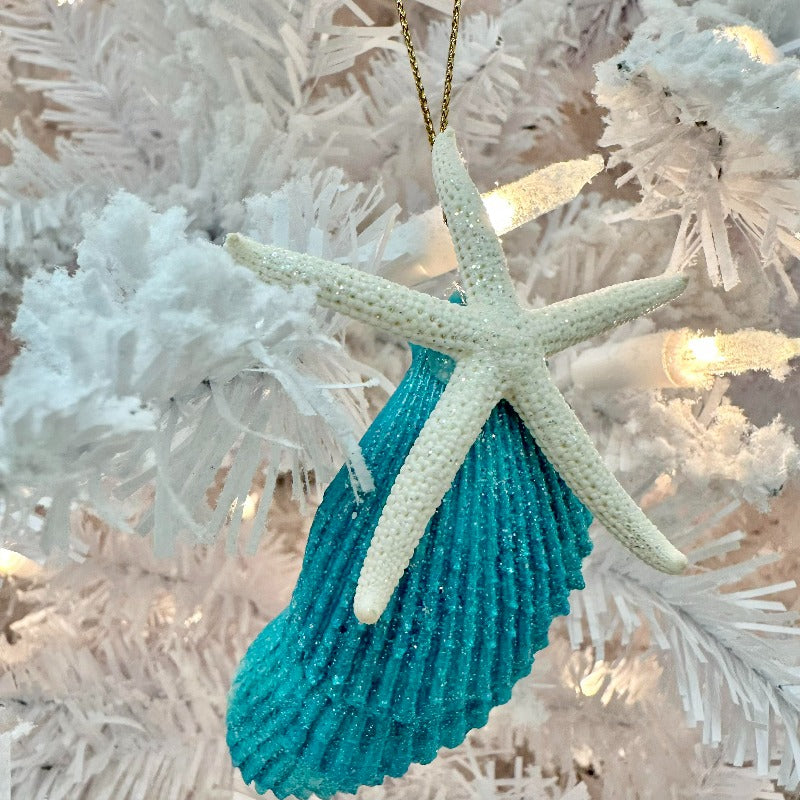Teal Starfish & Scallop Shell Christmas Ornament - Sunshine & Sweet Pea's Coastal Decor
