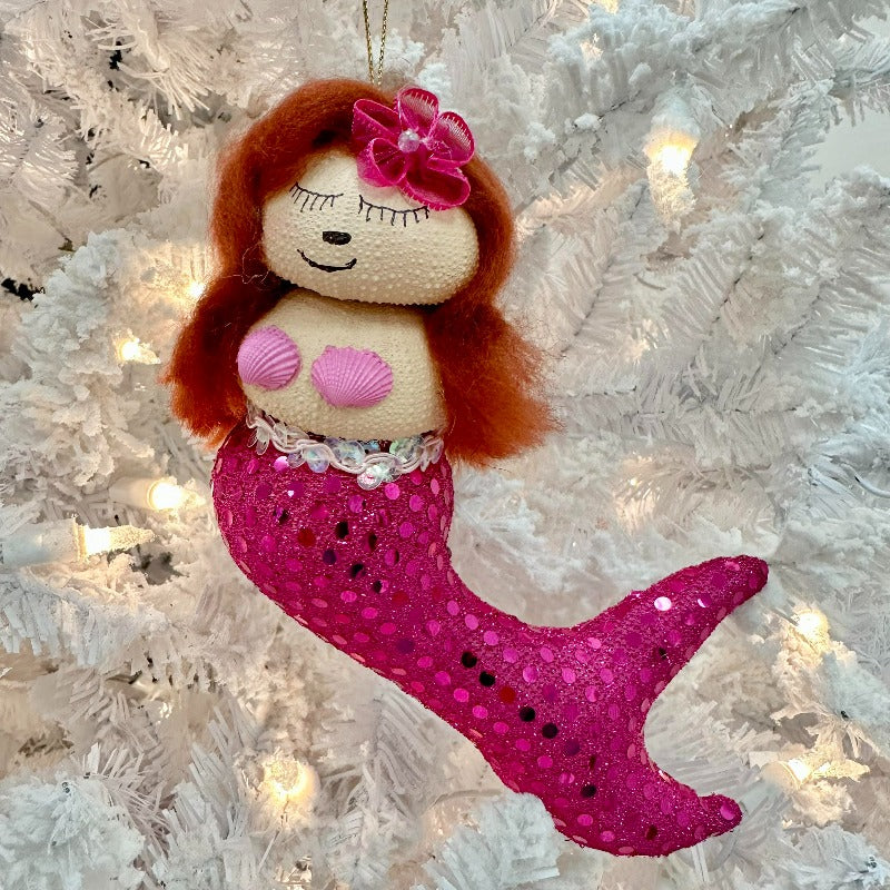 Red Hair & Pink Fin Sea Urchin Mermaid Christmas Ornament - Sunshine & Sweet Pea's Coastal Decor