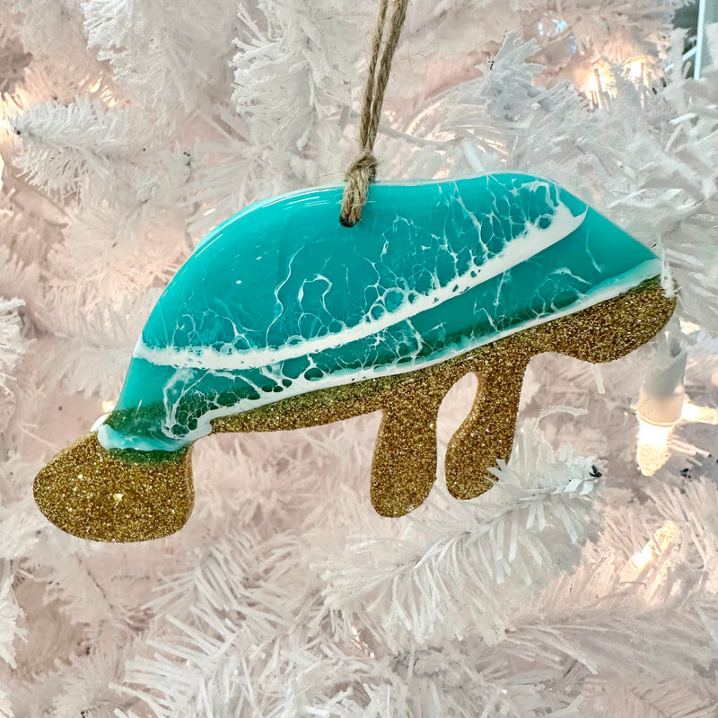 Manatee w/Gold Glitter & Emerald Resin Christmas Ornament