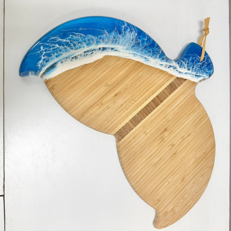 Whale Tail Bamboo Charcuterie Boards with Blue Resin - Sunshine & Sweet Pea's Coastal Decor