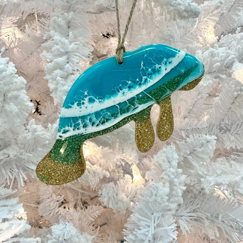 Teal Resin & Gold Glitter Manatee Christmas Ornament - Sunshine & Sweet Pea's Coastal Decor