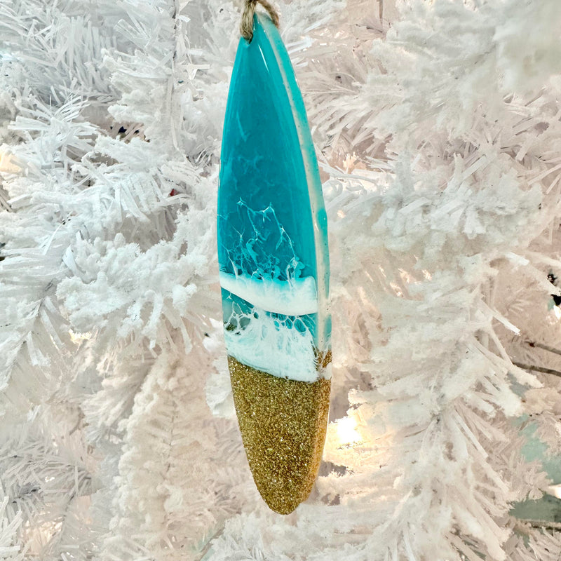 Surfboard w/Gold Glitter & Teal Resin Christmas Ornament