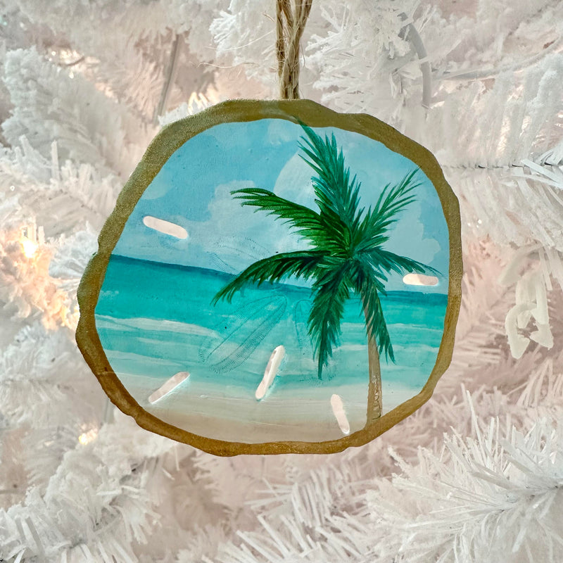 Sand Dollar Christmas Ornament w/Palm Tree Beach Scene
