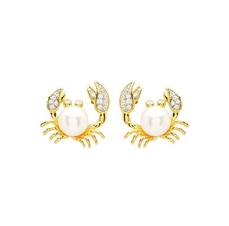 Crystal & Pearl Crab 14k Gold Vermeil Stud Earrings