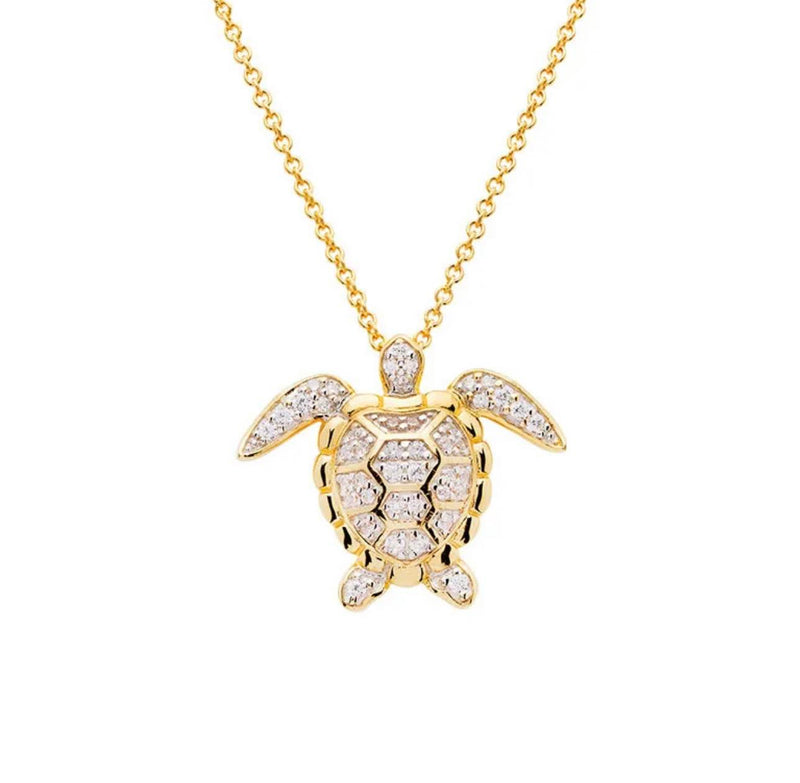 Crystal Sea Turtle 14k Gold Vermeil Necklace