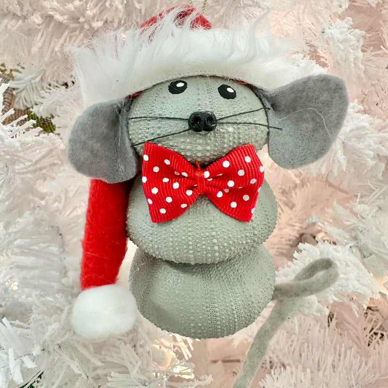 Mouse w/Bowtie & Santa Hat Sea Urchin Christmas Ornament - Sunshine & Sweet Pea's Coastal Decor