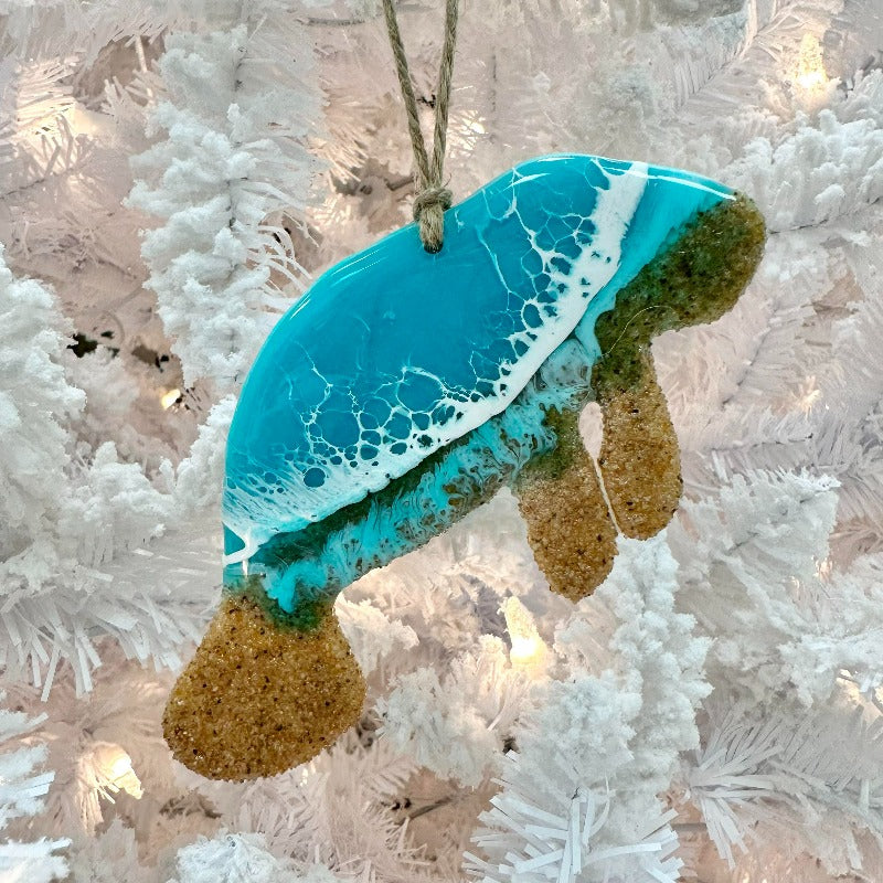 Teal Resin & Dark Sand Manatee Christmas Ornament - Sunshine & Sweet Pea's Coastal Decor