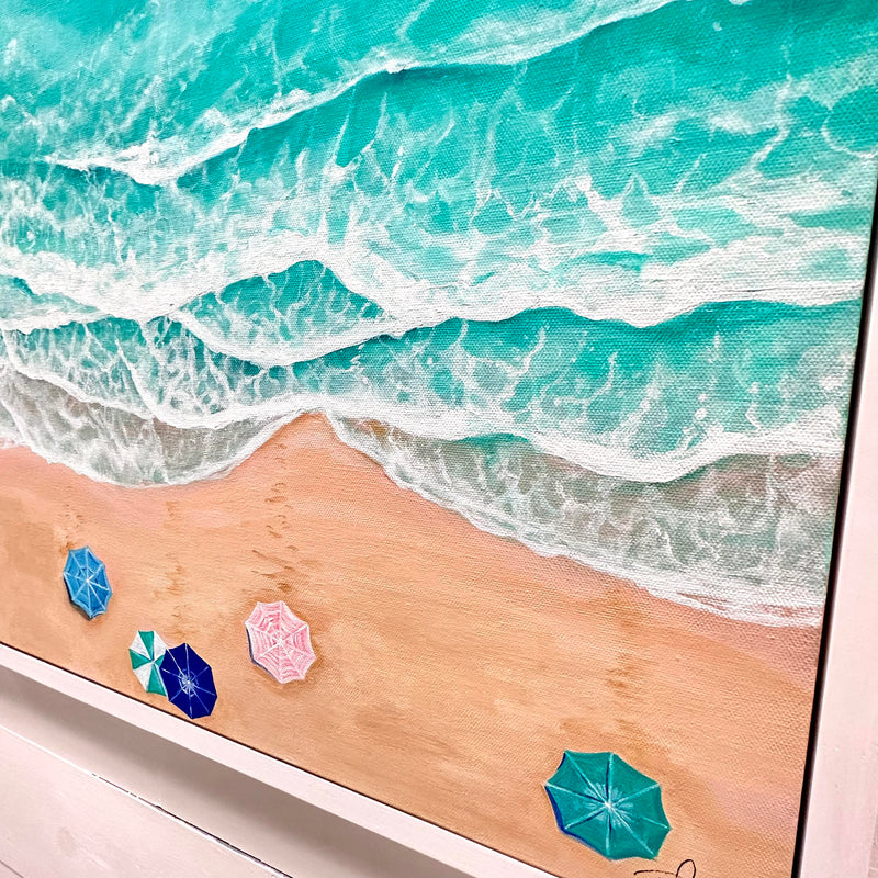 Original Seascape Scene w/Umbrellas & Surfers Painting