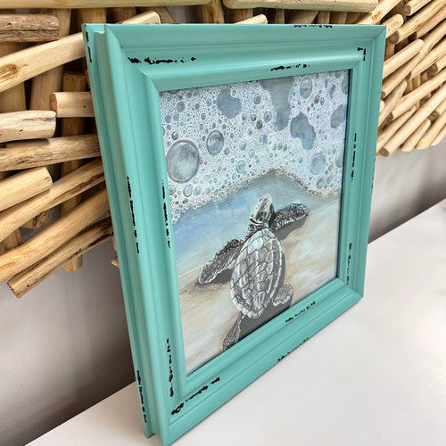 Framed Baby Sea Turtle Print w/Bubbles