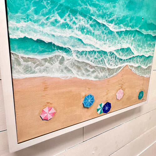 Original Seascape Scene w/Umbrellas & Surfers Painting