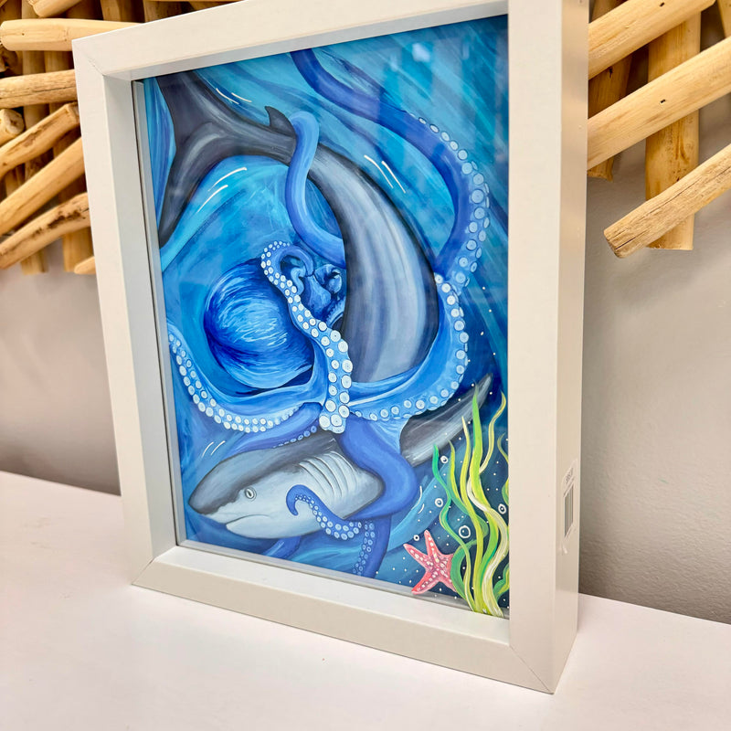 Shark & Octopus Print in Shadow Box