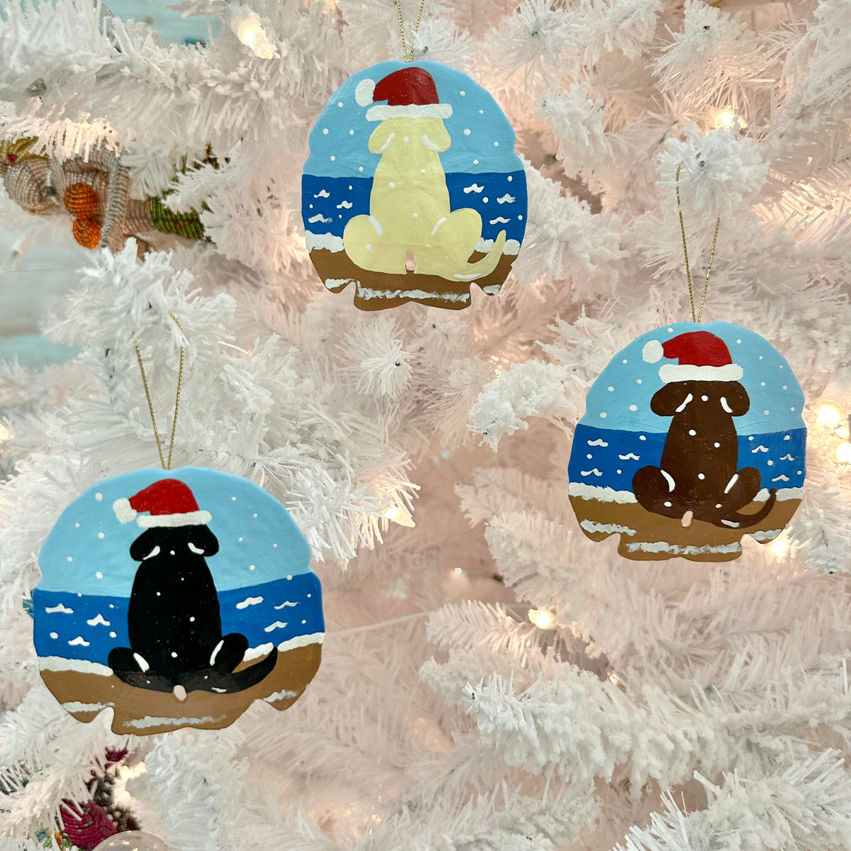 Assorted Hand Painted Sand Dollar Dog Christmas Ornament Sunshine & Sweet Peas Coastal Decor