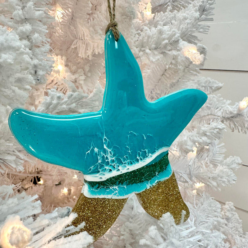 Starfish w/Gold Glitter & Teal Resin Christmas Ornament
