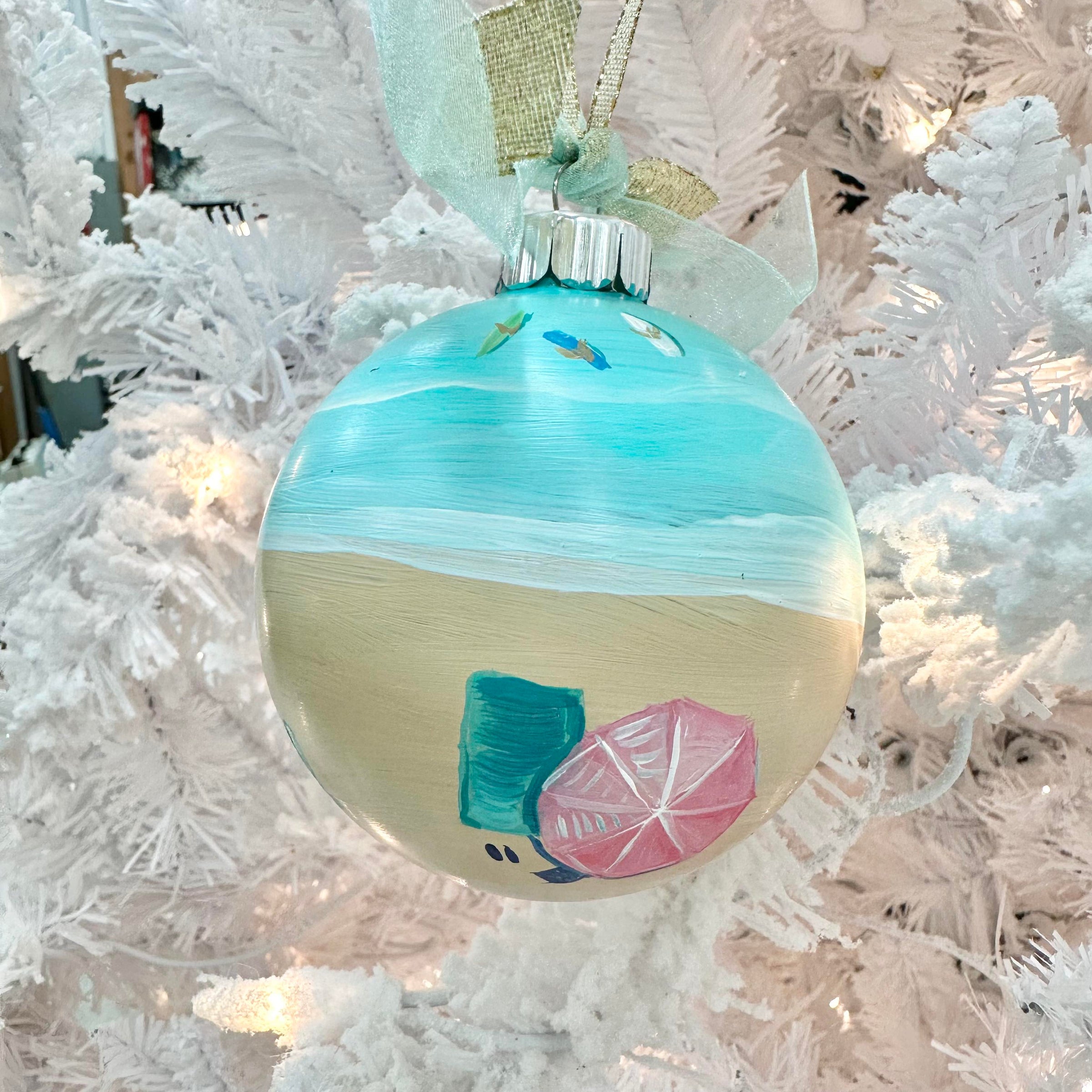 Hand Painted Beach Scene w/Umbrellas & Surfers Glass Christmas Ornament