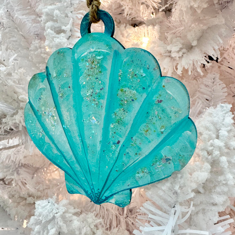 Hand Painted Scallop Seashell Wood Christmas Ornament