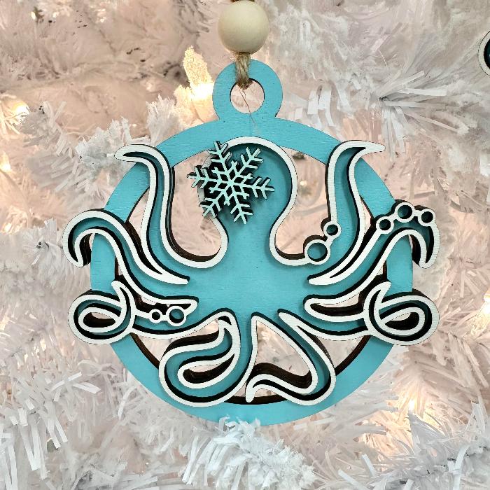 Assorted Round Wooden Octopus Christmas Ornaments Sunshine & Sweet Peas Coastal Decor