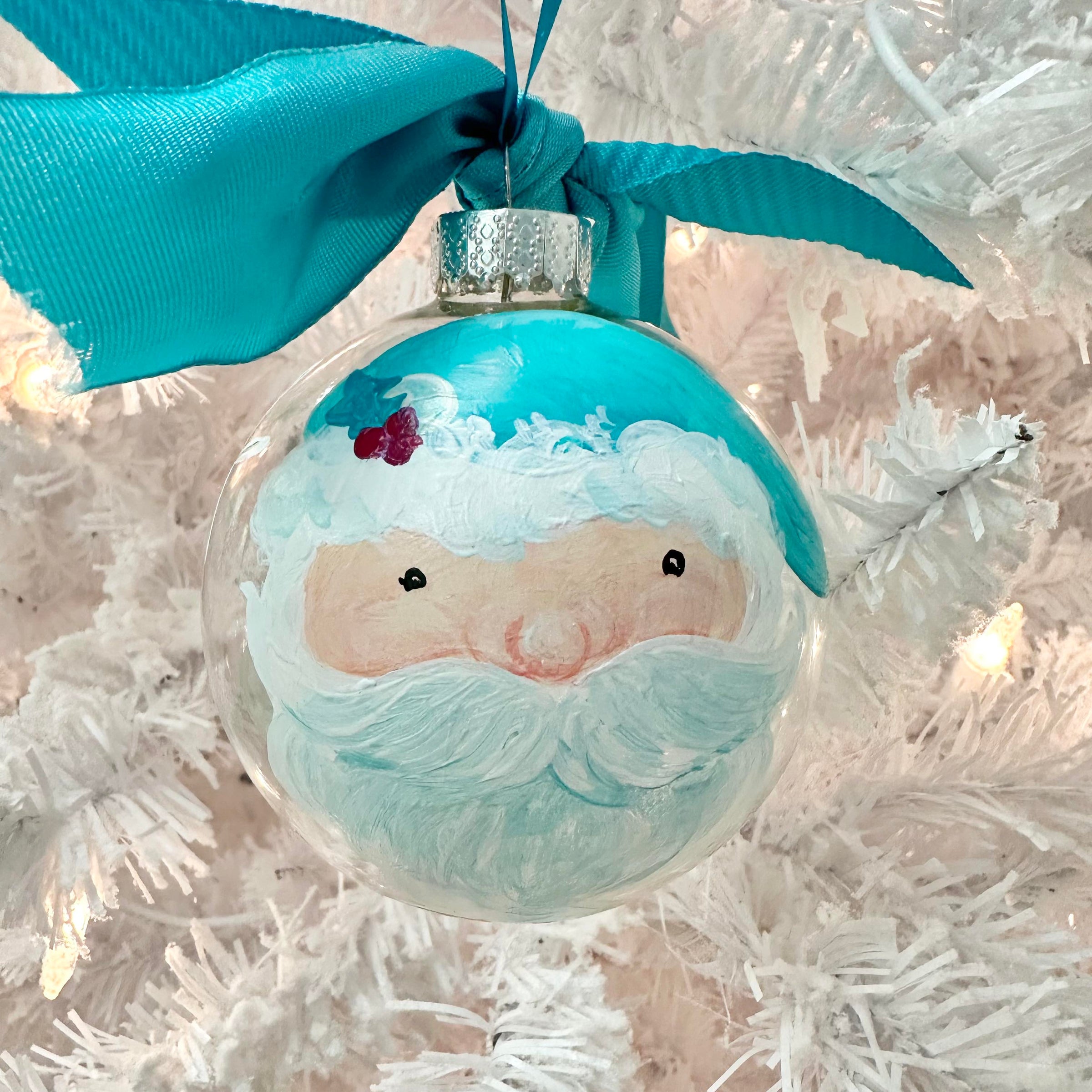 Hand Painted Santa w/Teal Hat Glass Christmas Ornament