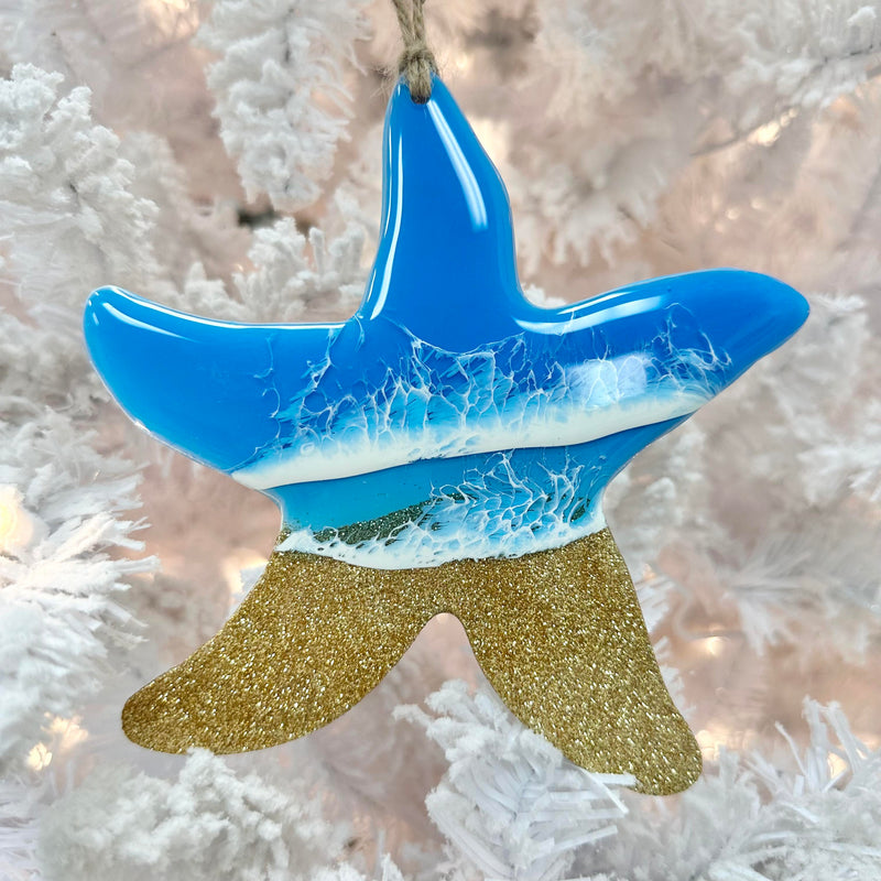 Starfish w/Gold Glitter & Blue Resin Christmas Ornament
