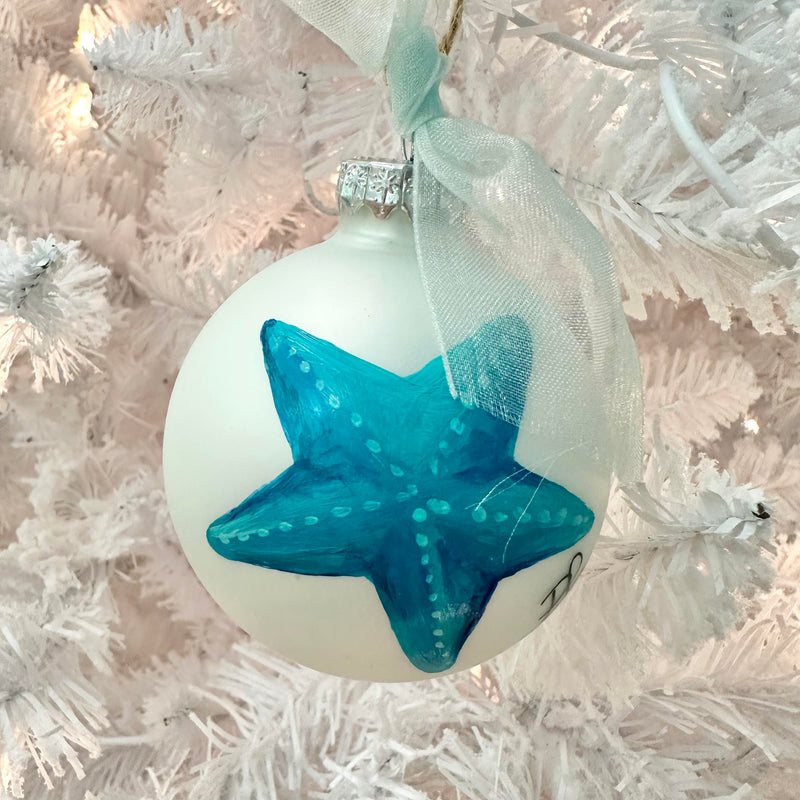 Hand Painted Teal Starfish Glass Christmas Ornament