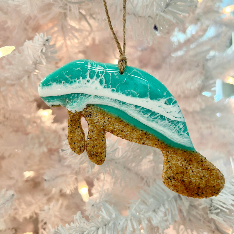 Manatee w/Dark Sand & Emerald Resin Christmas Ornament