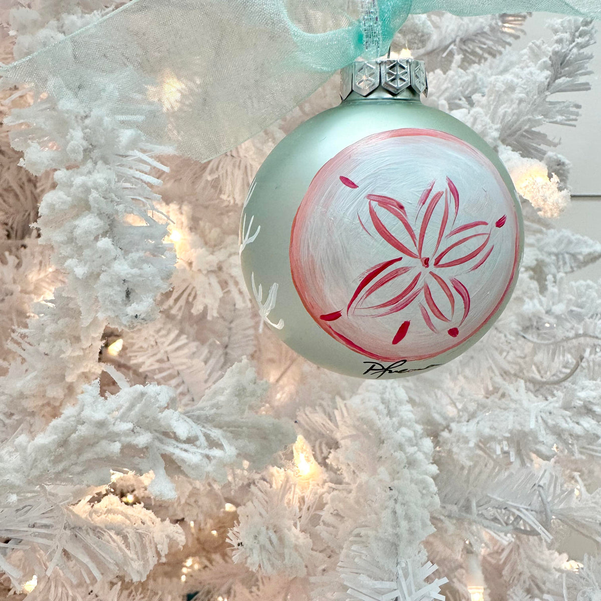 Hand Painted Sand Dollar & Coral Glass Christmas Ornament