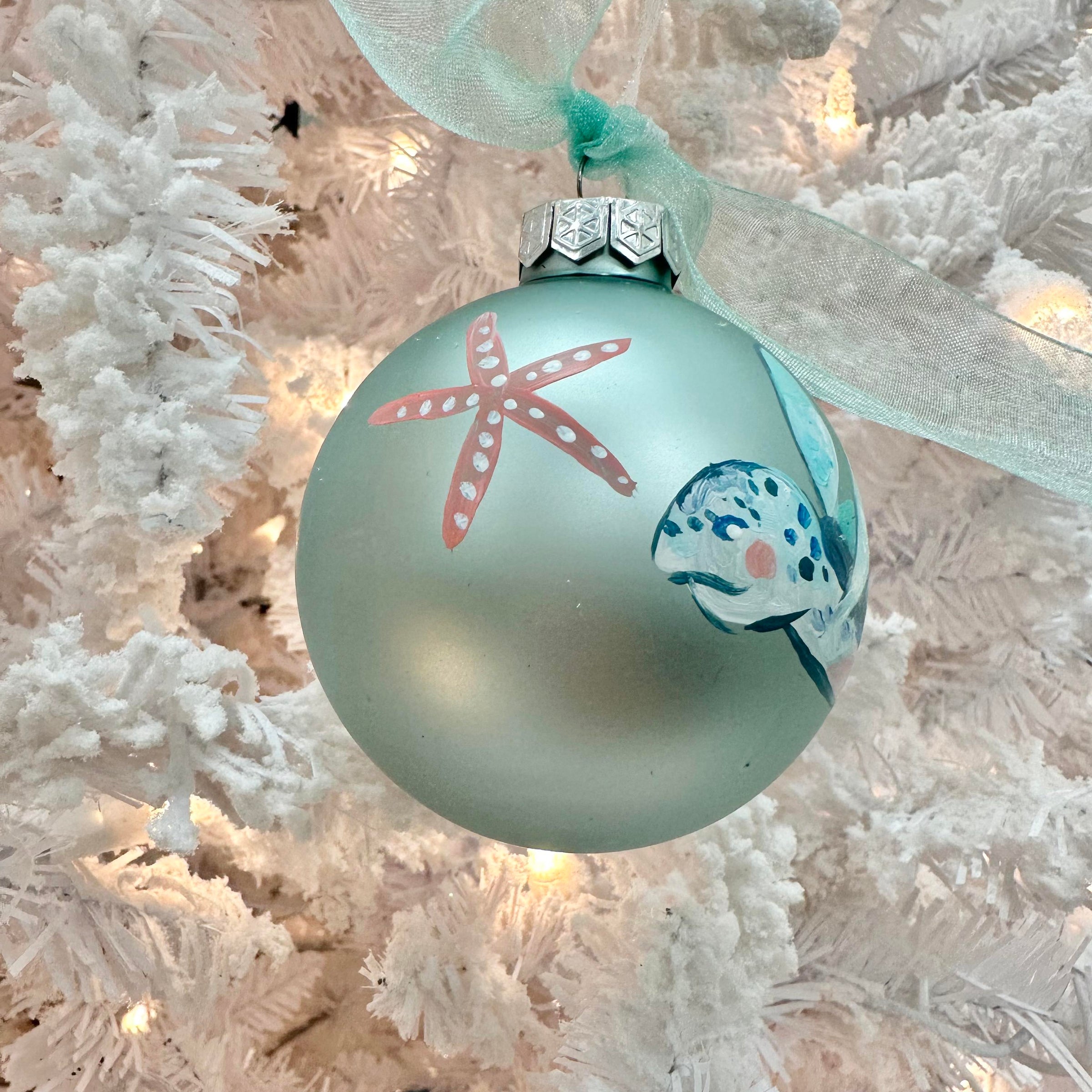 Hand Painted Sea Turtle & Starfish Glass Christmas Ornament