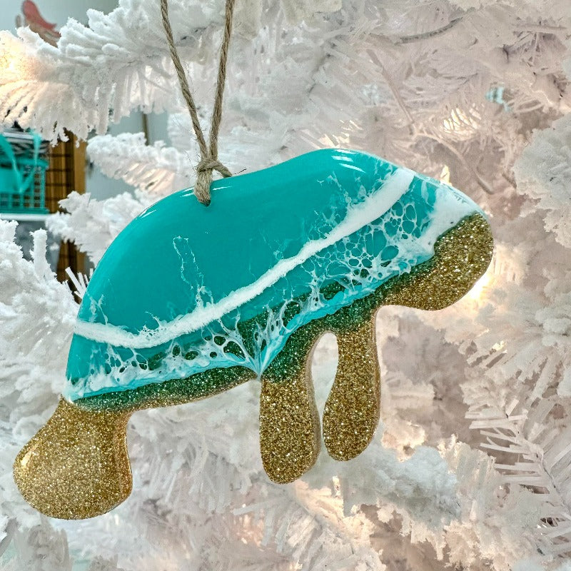 Emerald Resin & Gold Glitter Manatee Christmas Ornament - Sunshine & Sweet Pea's Coastal Decor